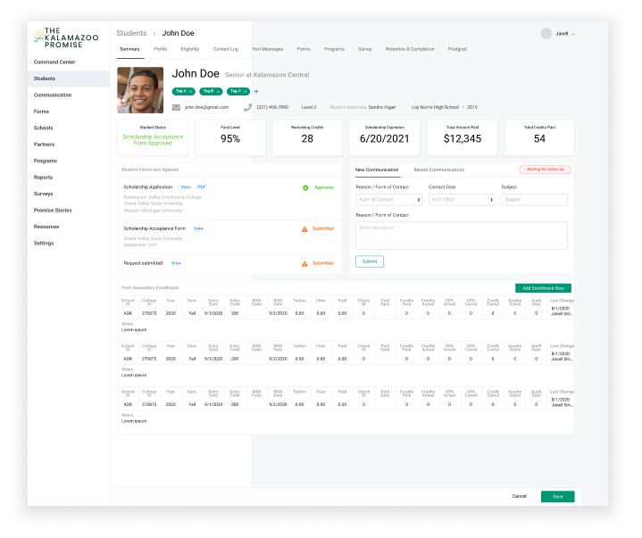 Picture of web portal and database for students
